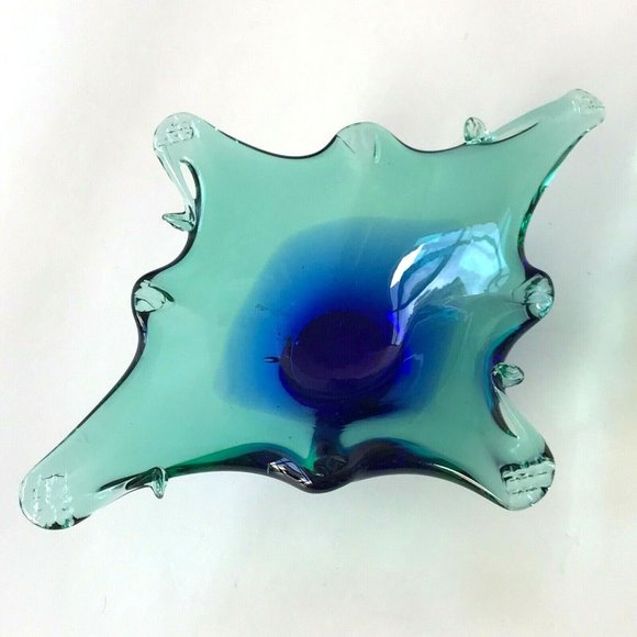 Studio Art Glass MCM Freeform Ashtray Bowl Dish Trinket Blue Green Heavy - Picture 1 of 12